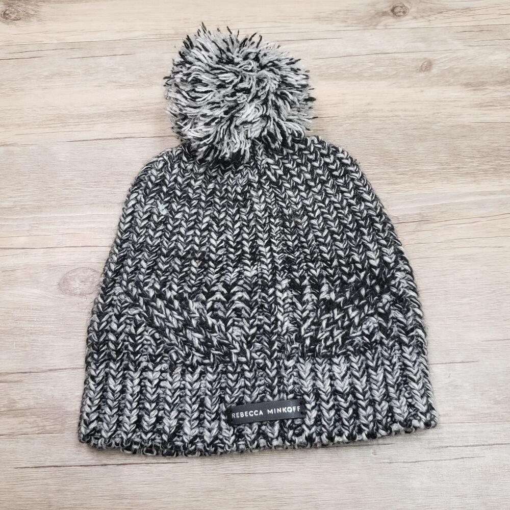 Rebecca Minkoff Hat Beanie Pom Womens One Size Gray Marled Chunky Knit Winter